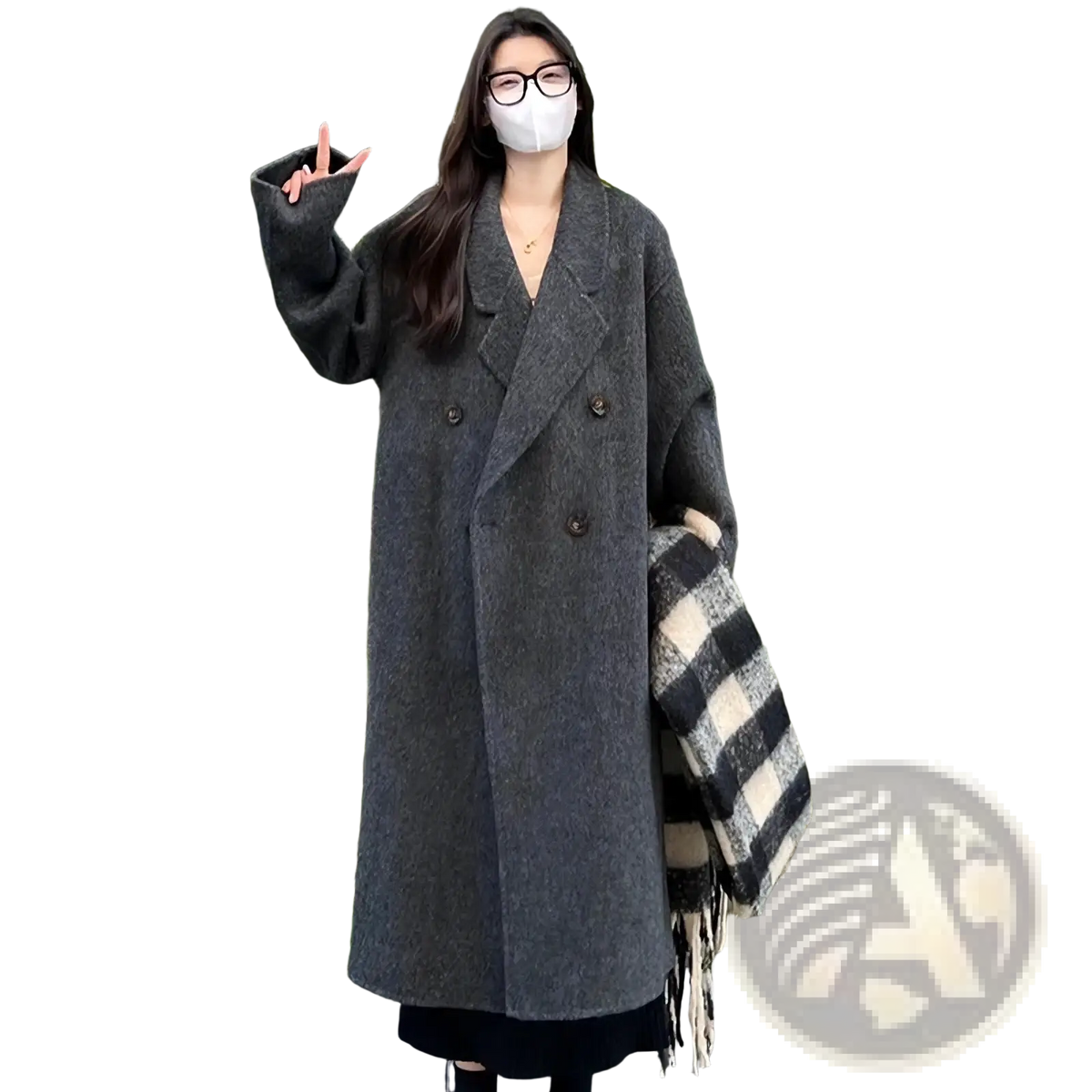 Dark gray woolen double breasted overcoat with classic collar and button closures for formal outerwear