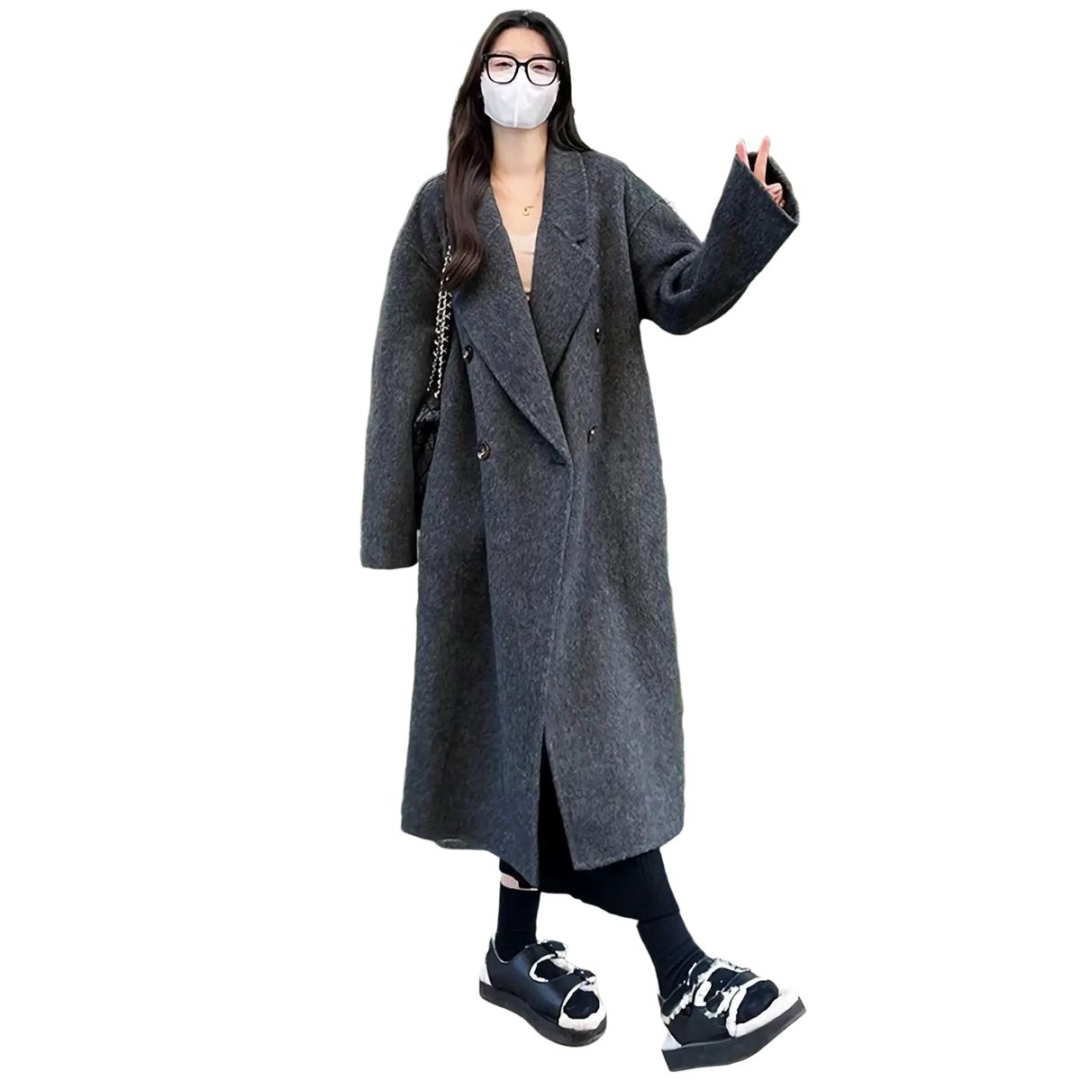 Dark gray woolen double breasted overcoat with wide lapels and long sleeves for formal outerwear use