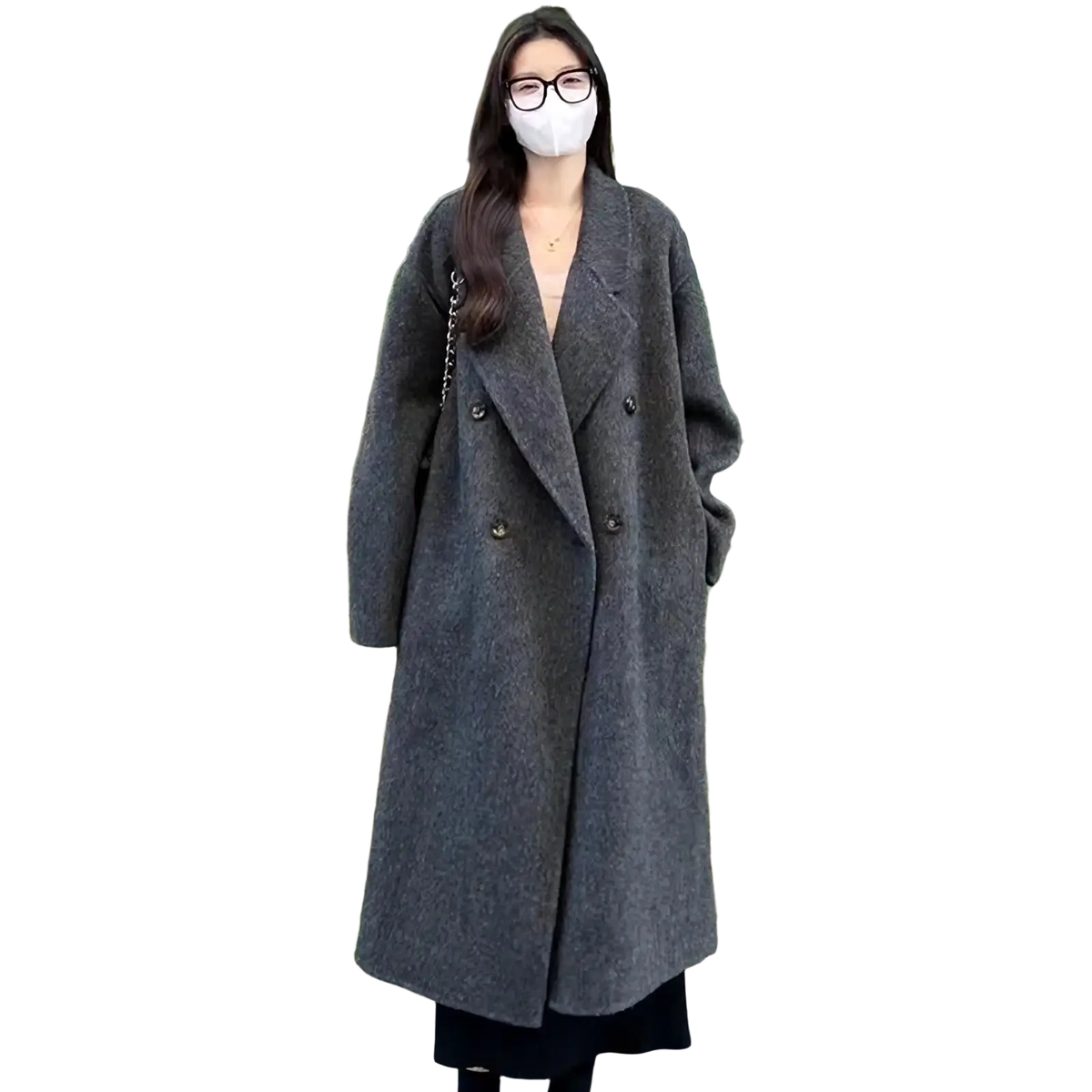 Dark gray woolen double breasted overcoat with classic collar and button closure for formal outerwear