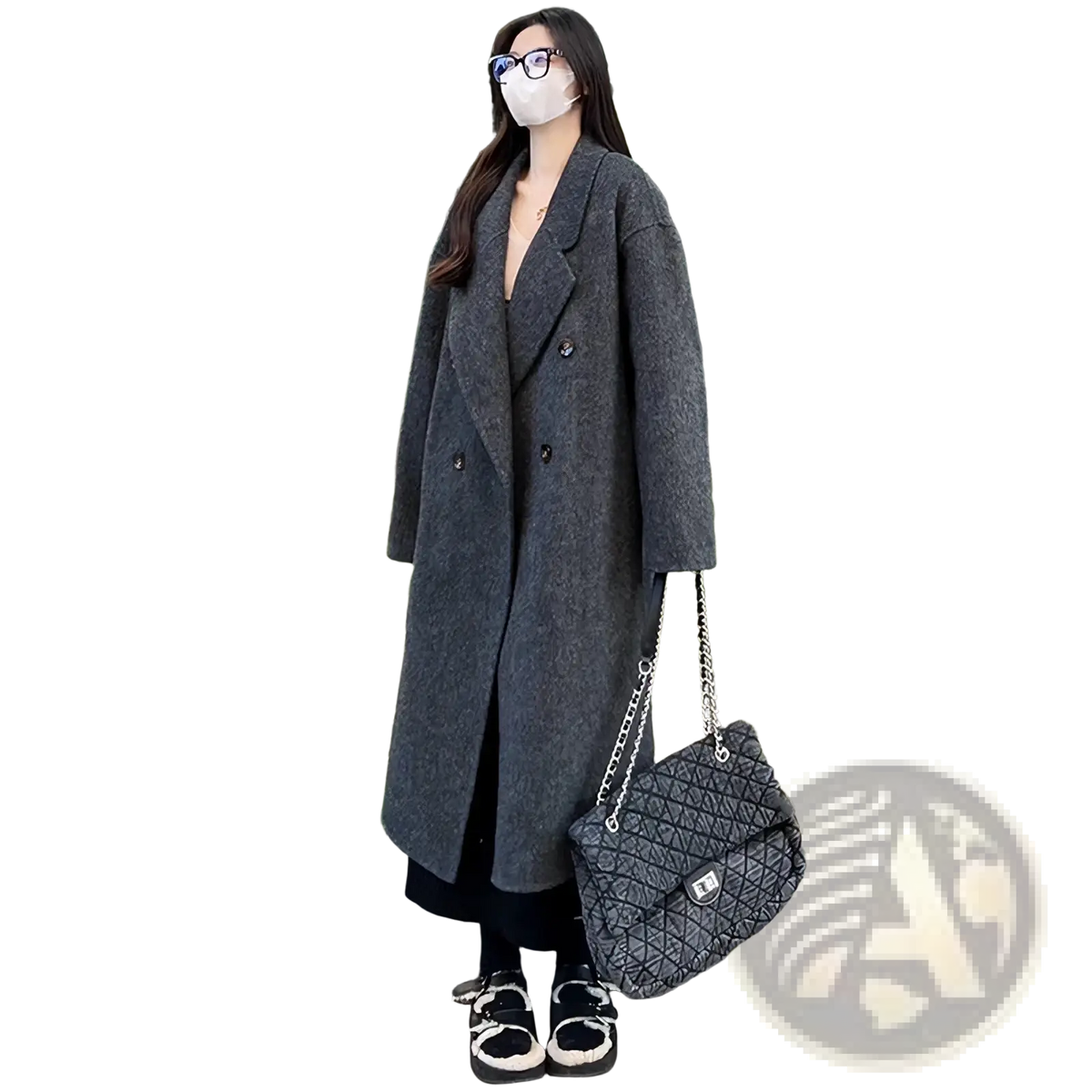 Gray quilted chain shoulder bag paired with dark gray woolen double breasted overcoat front view