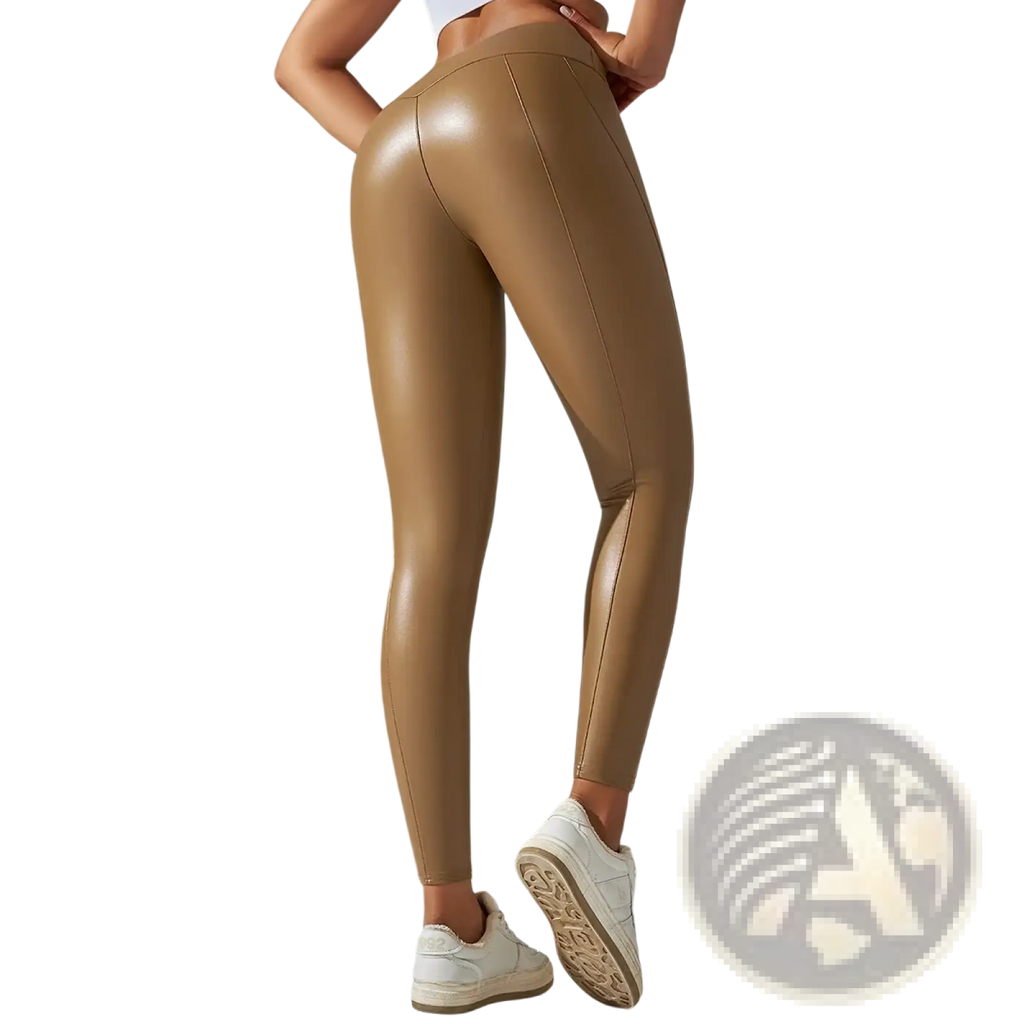 Tan shiny high waist faux leather leggings showcasing a sleek and fitted design for stylish wear
