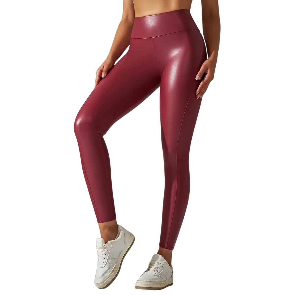 High-waisted burgundy faux leather leggings with a sleek shiny finish for stylish comfortable wear