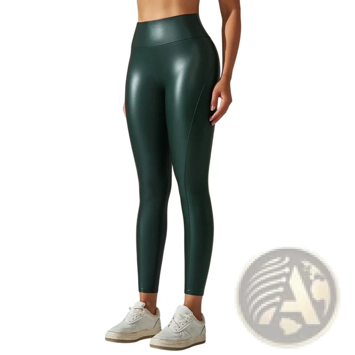 Dark green high waist leggings with a shiny faux leather finish showcasing the back side of the product