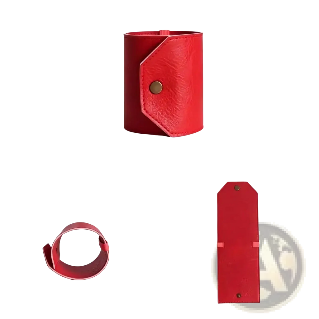 Red leather cuff wallet with gold-tone snap button closure complementing dark green leather smart wallet purse design