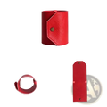 Red leather cuff wallet with gold-tone snap button closure complementing dark green leather smart wallet purse design
