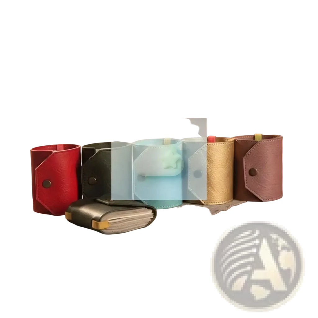 A collection of colorful cylindrical leather notebook holders alongside a dark green leather smart wallet quick access pocket purse