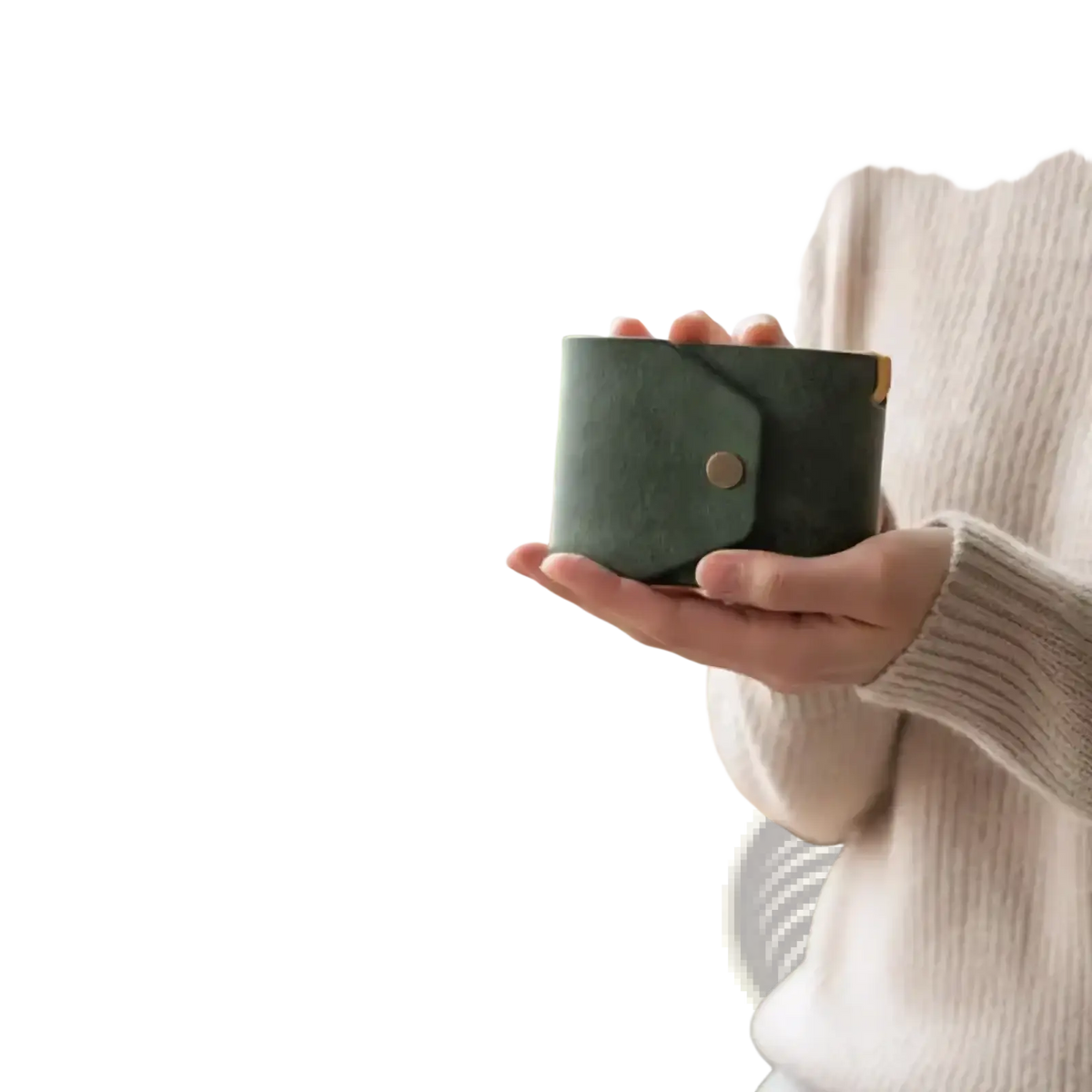 Dark green leather smart wallet with single gold tone button closure and quick access pocket purse design