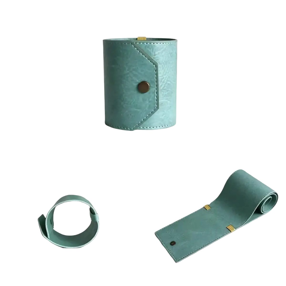 Dark green leather smart wallet featuring a teal cylindrical cuff design with gold button closure and matching stitching
