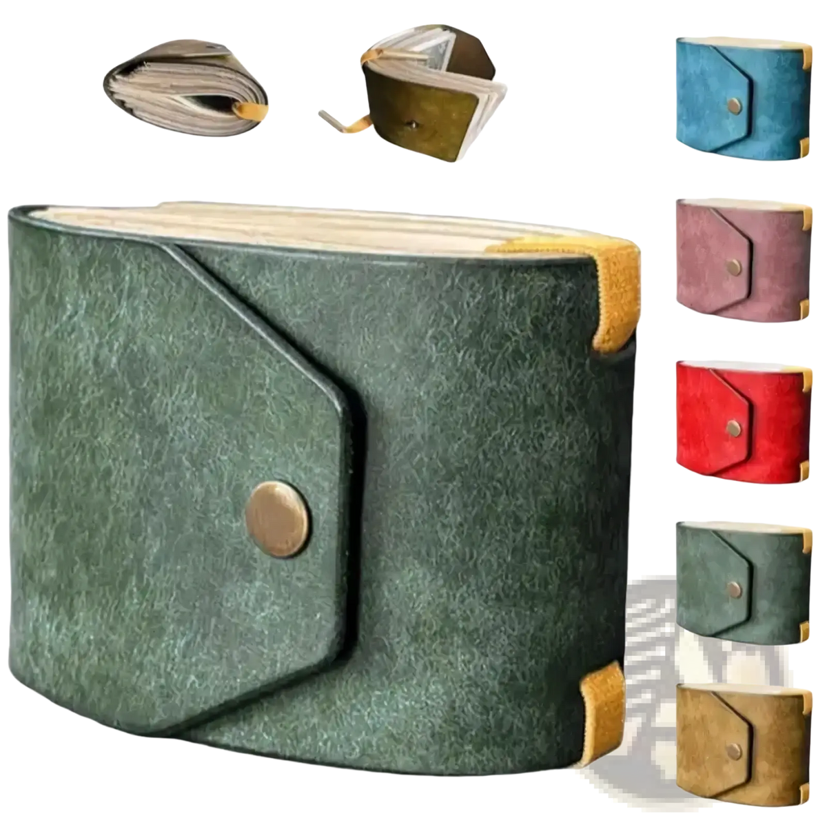 Dark green leather smart wallet with textured surface tan stitching and brass button closure for quick access purse