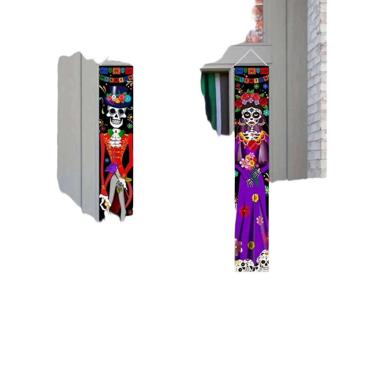 Two vertical day of the dead door banners featuring a skeleton and sugar skull in red gold and purple floral attire