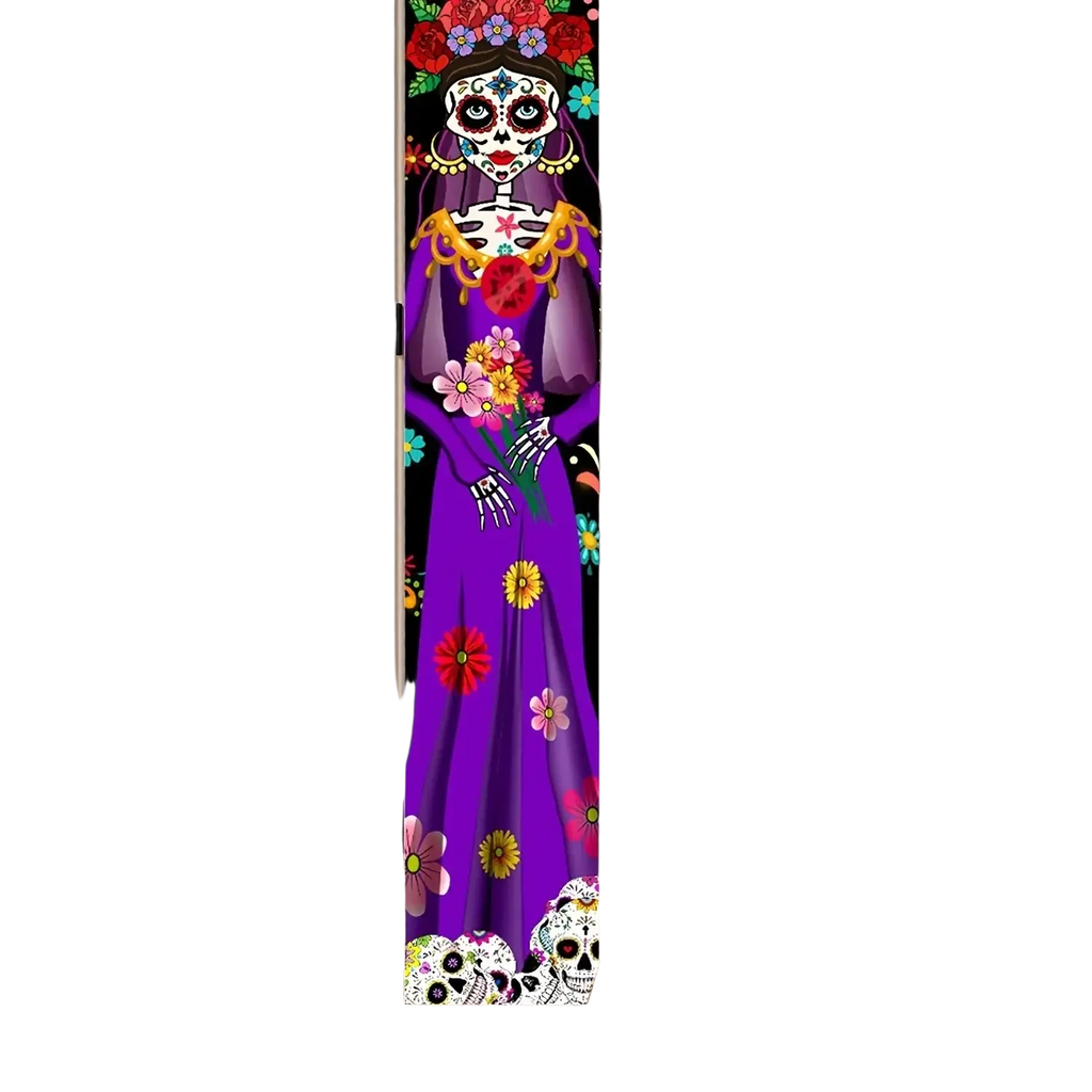 Day of the dead door banner featuring a vibrant purple sugar skull skeleton with colorful floral patterns and makeup