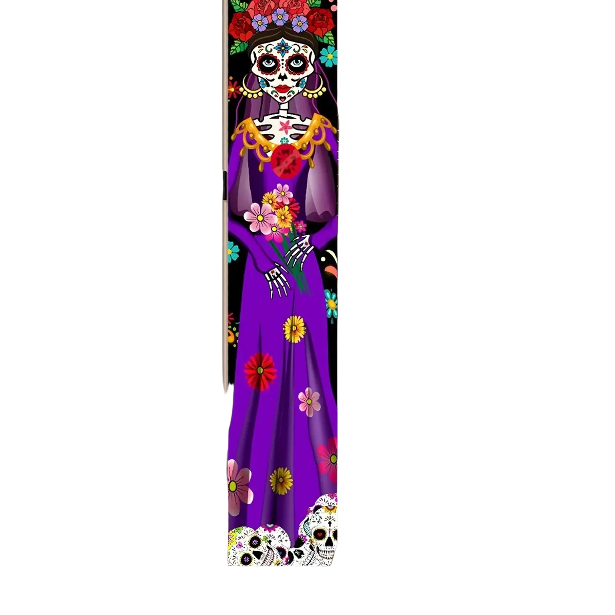 Day of the dead door banner featuring a vibrant purple sugar skull skeleton with colorful floral patterns and makeup
