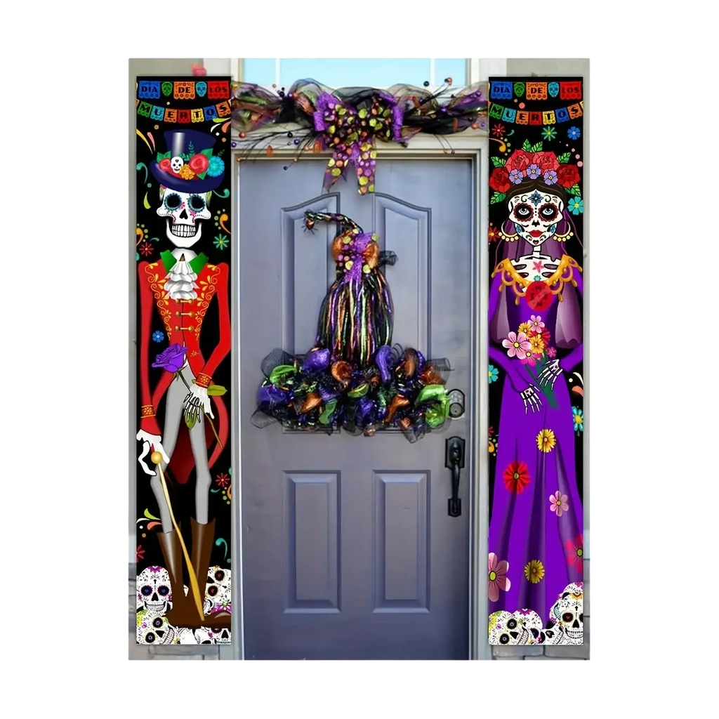 Vibrant purple and green Day of the Dead door banner wreath with glittery accents and floral sugar skull decor