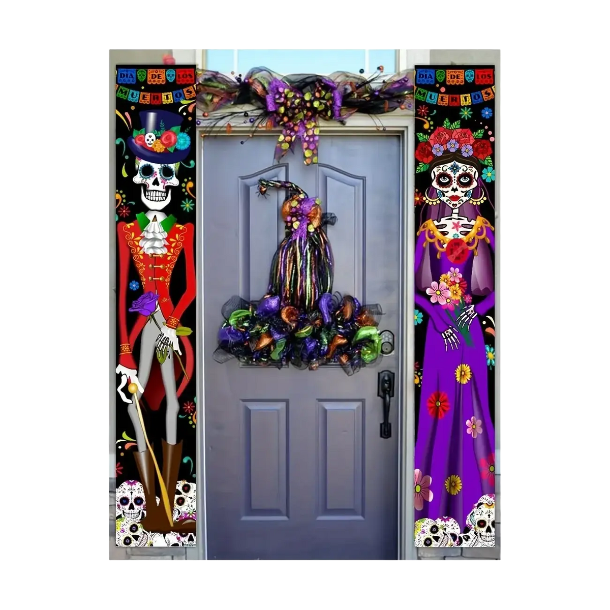 Vibrant purple and green Day of the Dead door banner wreath with glittery accents and floral sugar skull decor