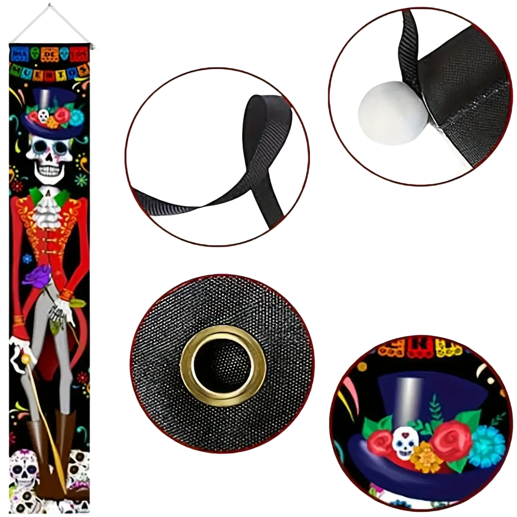 Day of the dead door banner featuring a vibrant colorful skeleton in formal attire with floral decorations and motifs