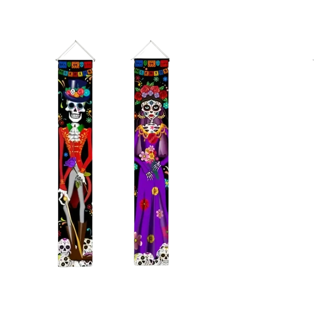 Day of the dead door banner featuring vibrant vertical decorative sugar skull figures in formal attire on dark fabric