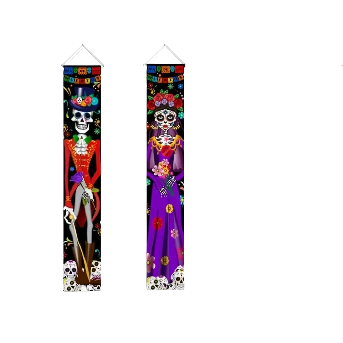 Day of the dead door banner featuring vibrant vertical decorative sugar skull figures in formal attire on dark fabric