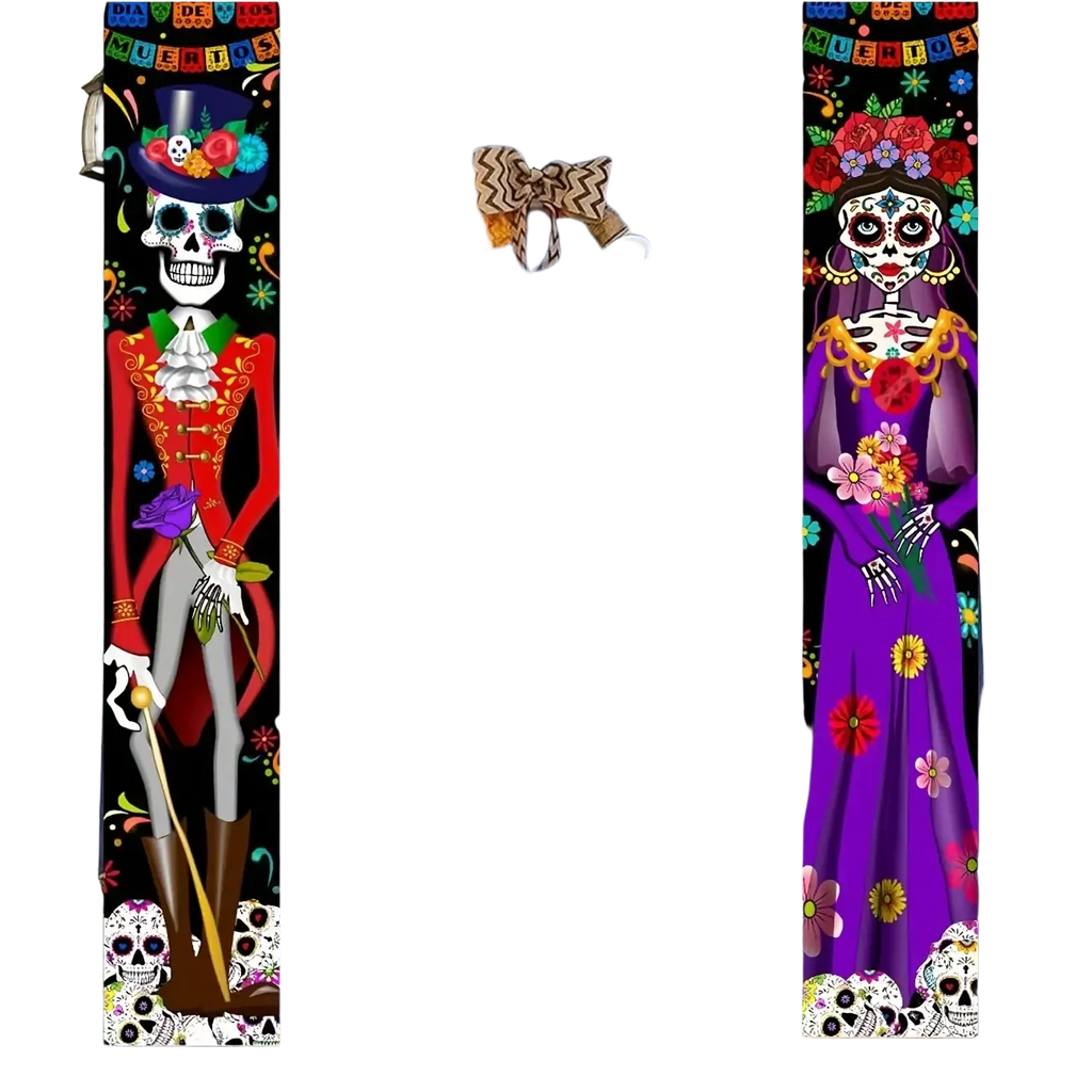 Day of the dead door banner sugar skull decor featuring vibrant skeleton and floral-draped sugar skull woman designs