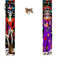 Day of the dead door banner sugar skull decor featuring vibrant skeleton and floral-draped sugar skull woman designs