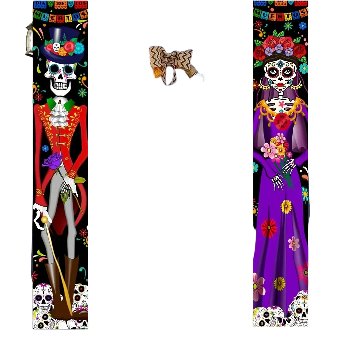 Day of the dead door banner sugar skull decor featuring vibrant skeleton and floral-draped sugar skull woman designs