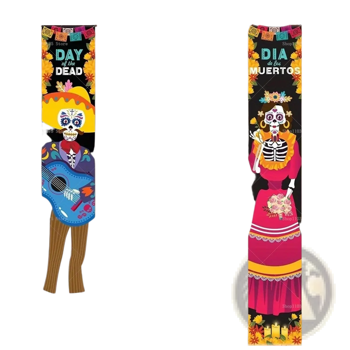 A beige textured skull decoration with glowing orange eyes hanging on a dark door for day of the dead porch banner decor