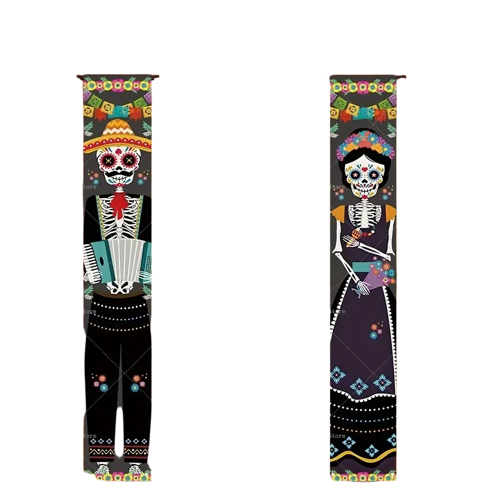 Black door decorated with vibrant day of the dead porch banner featuring colorful skeleton figures and a glowing skull for Halloween decor