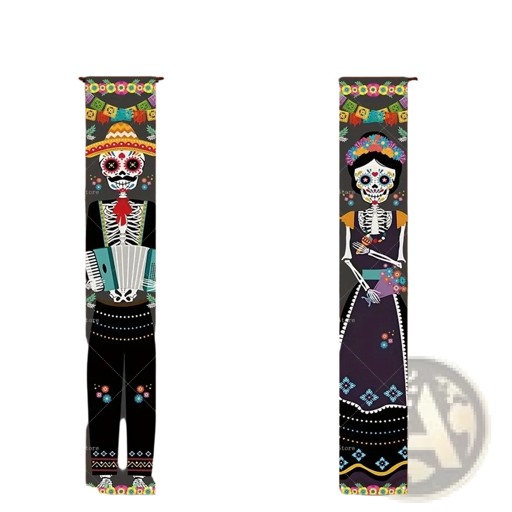 Black door decorated with vibrant day of the dead porch banner featuring colorful skeleton figures and a glowing skull for Halloween decor