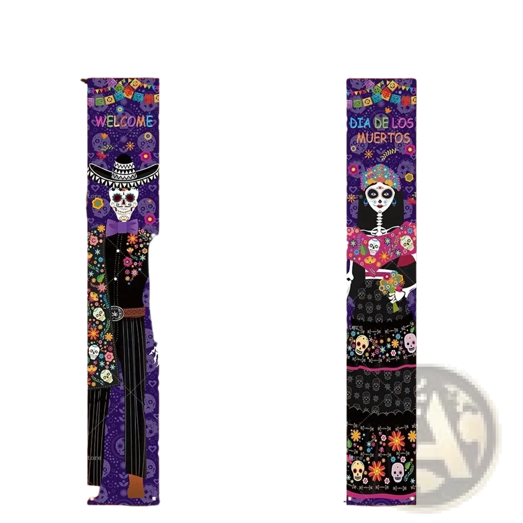 Day of the dead porch banner featuring purple and black dia de los muertos sugar skulls and floral patterns for halloween decor