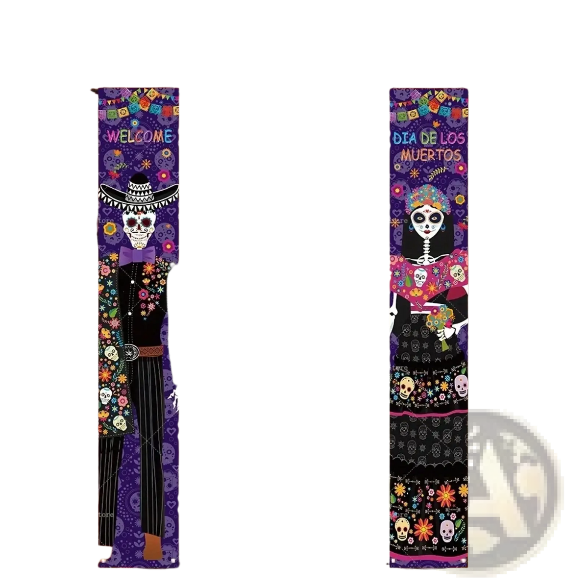 Day of the dead porch banner featuring purple and black dia de los muertos sugar skulls and floral patterns for halloween decor