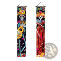 Two vibrant day of the dead porch banners with colorful skeleton and floral patterns for halloween decor