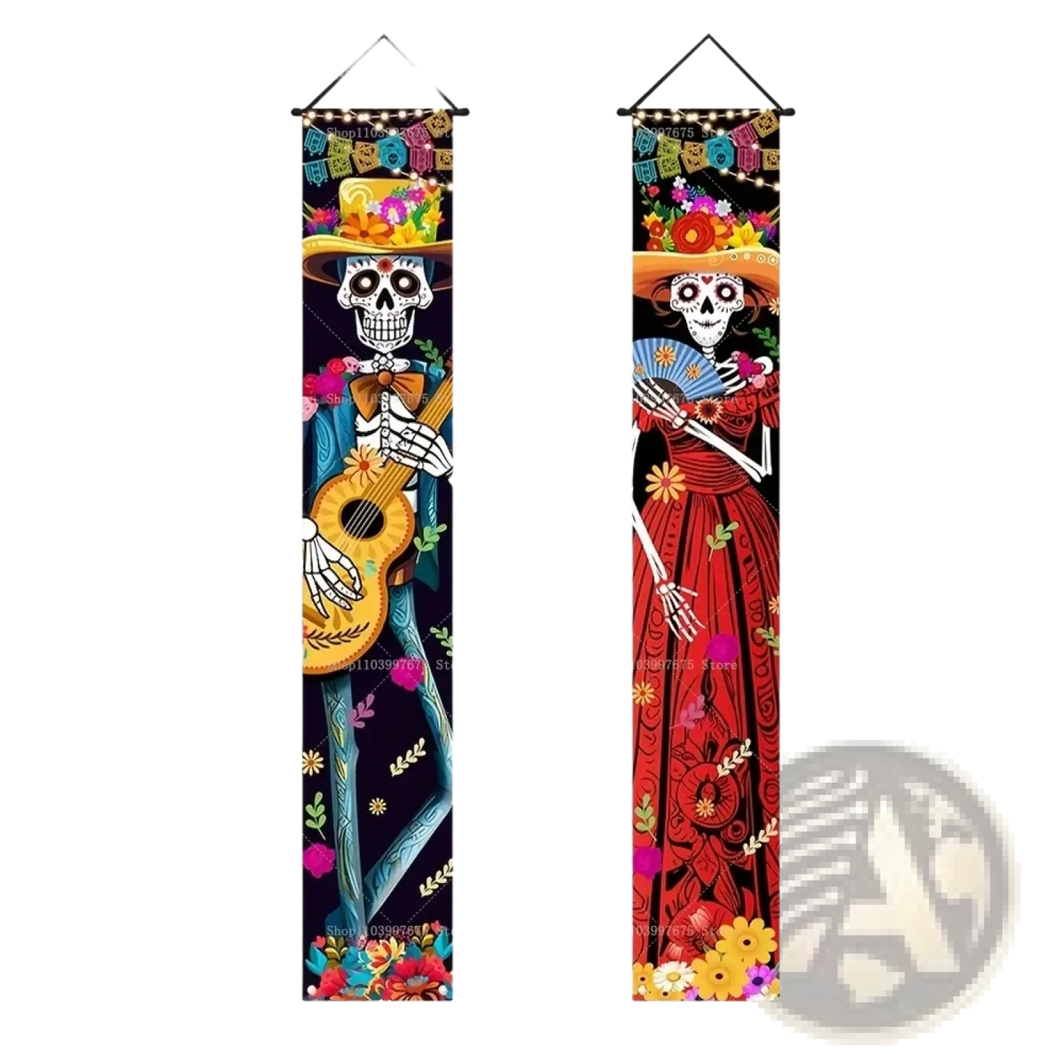 Two vibrant day of the dead porch banners with colorful skeleton and floral patterns for halloween decor