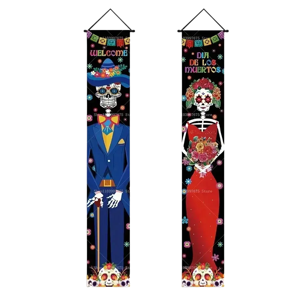 Two colorful day of the dead porch banners with skeletons in formal attire and floral festive decorations for halloween decor