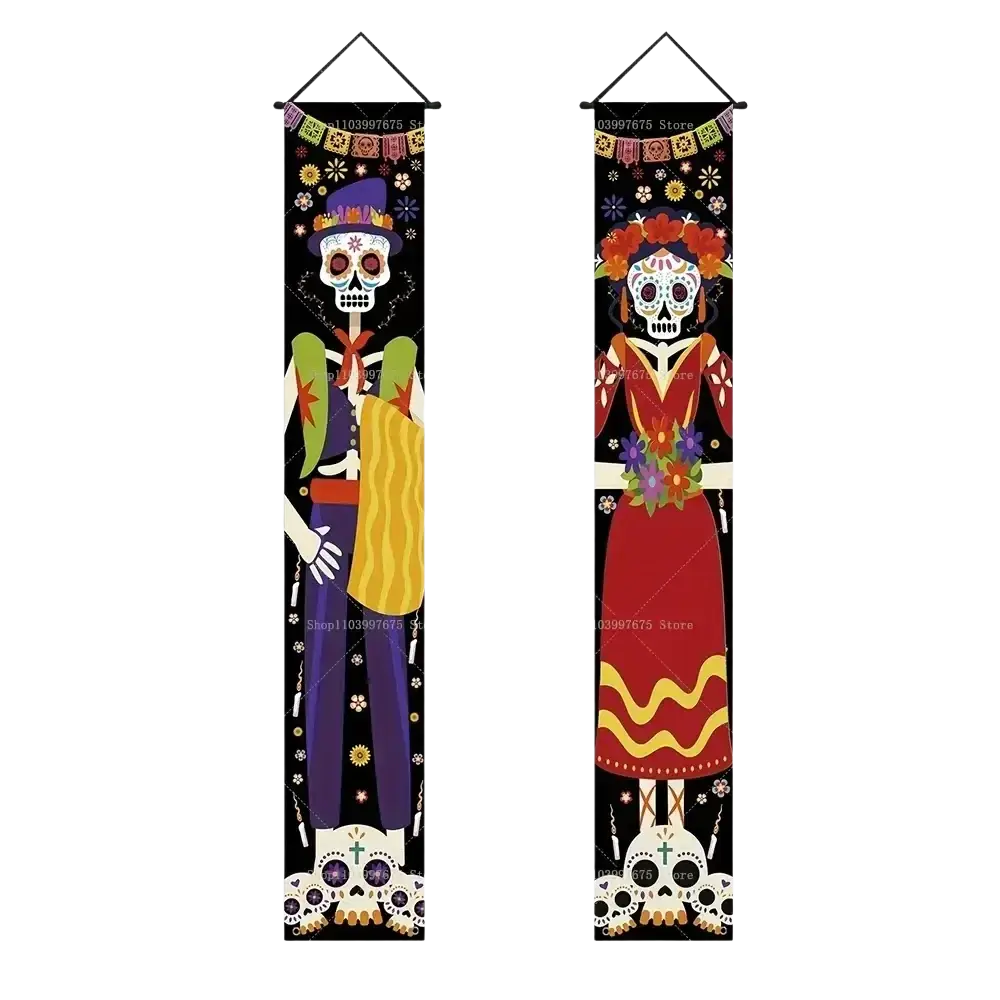 Two vertical decorative dead porch banners featuring colorful day of the dead sugar skull figures in traditional attire