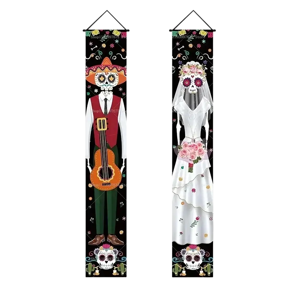 Two vertical dead porch banners featuring sugar skull wedding couple in mariachi outfit and white bridal gown holding roses