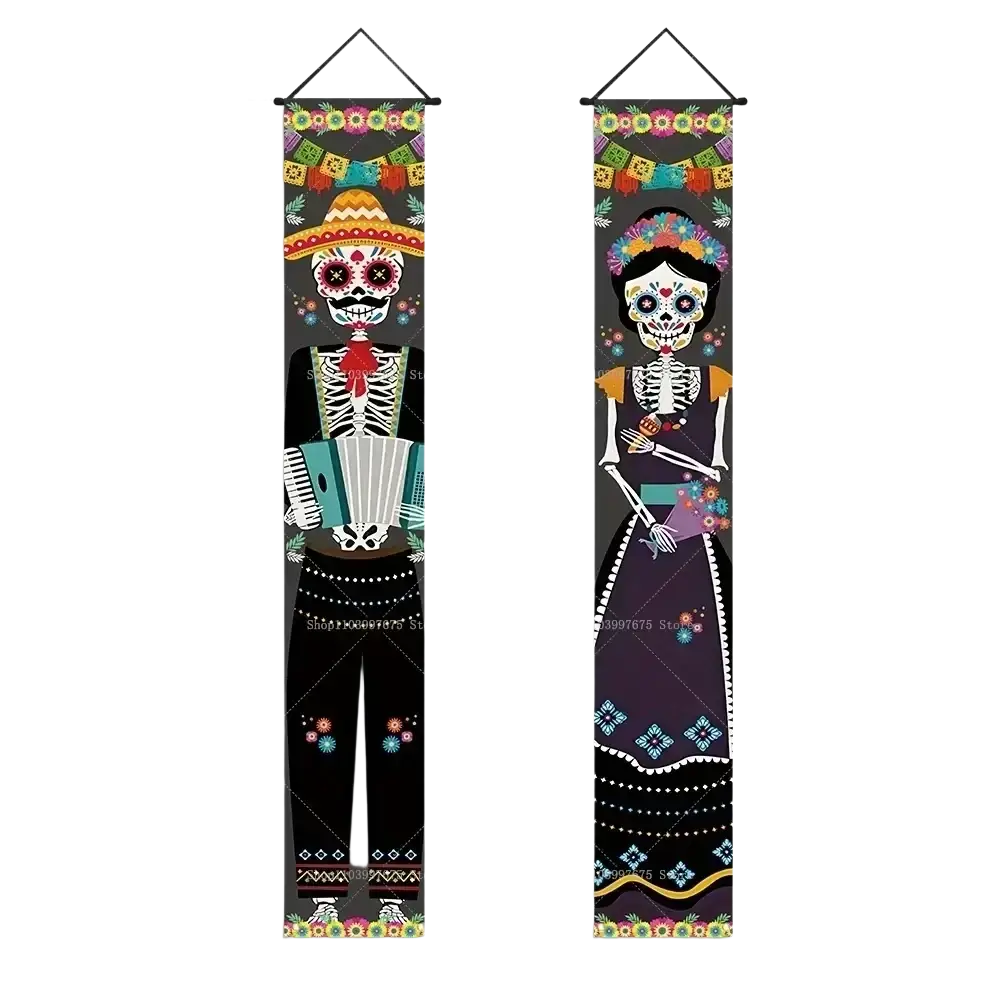 Two vertically oriented day of the dead porch banners with skeletons in traditional attire for halloween decor