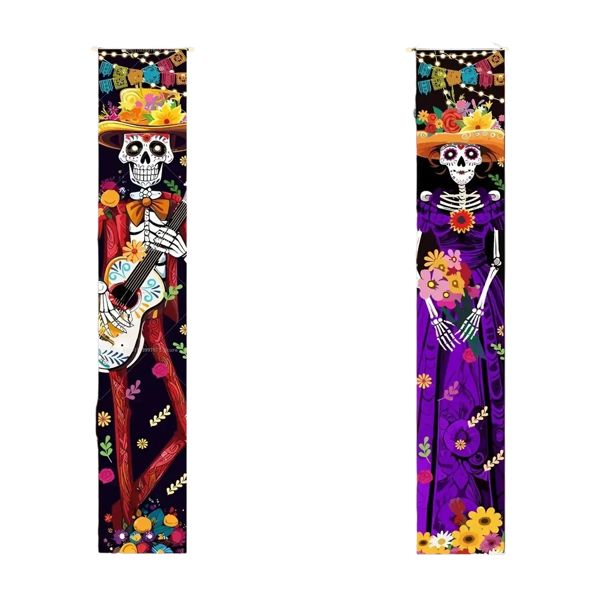 Two vibrant dead porch banners featuring stylized skeletons in traditional day of the dead attire with festive lights