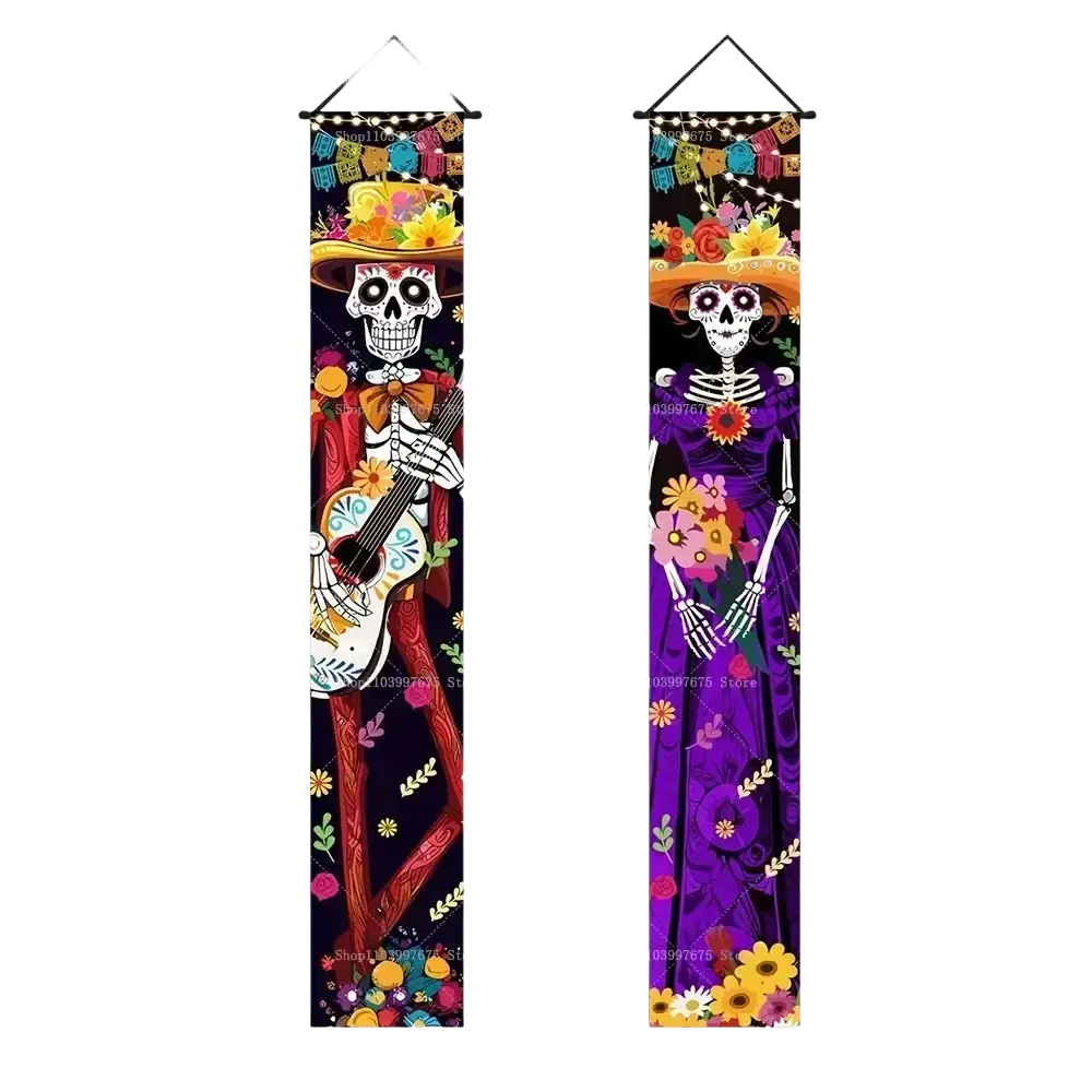 Two vibrant day of the dead porch banners with colorful skeletons and festive floral designs for halloween decor