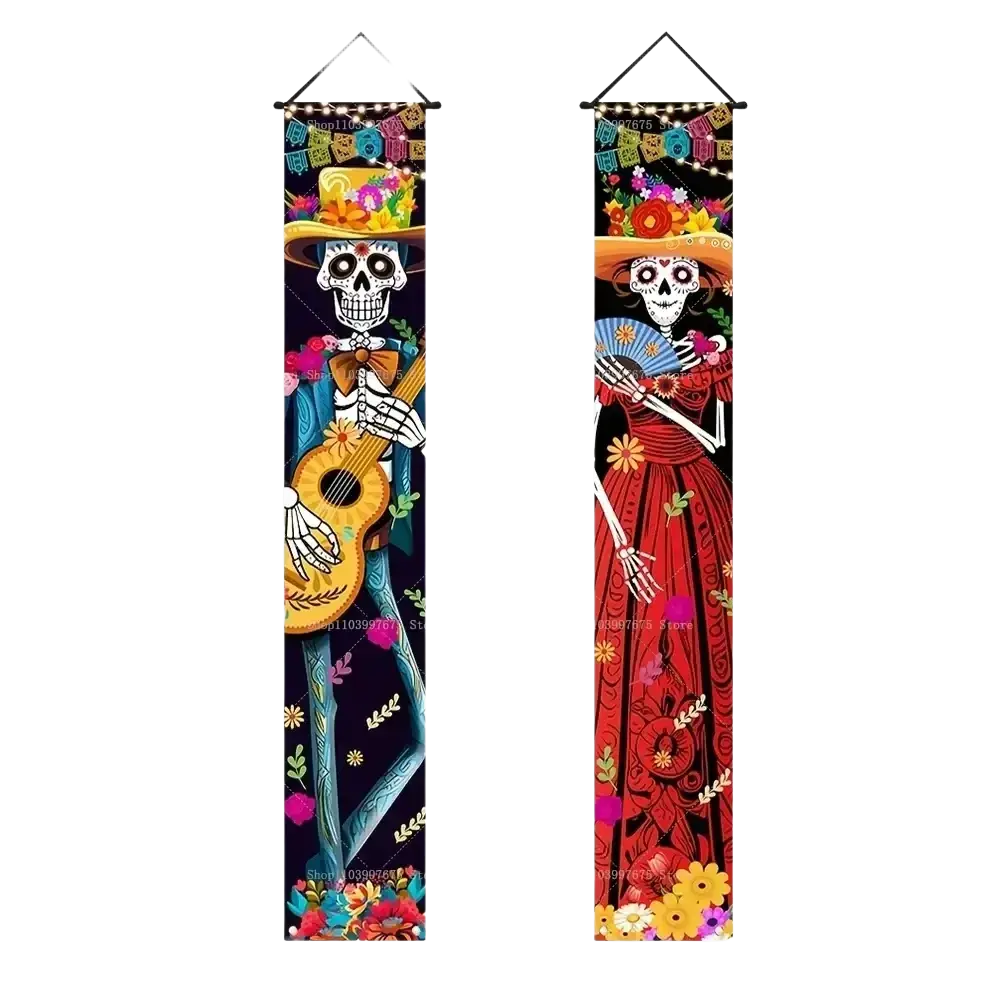 Two vibrant dead porch banners featuring colorful day of the dead skeletons in festive attire and string lights