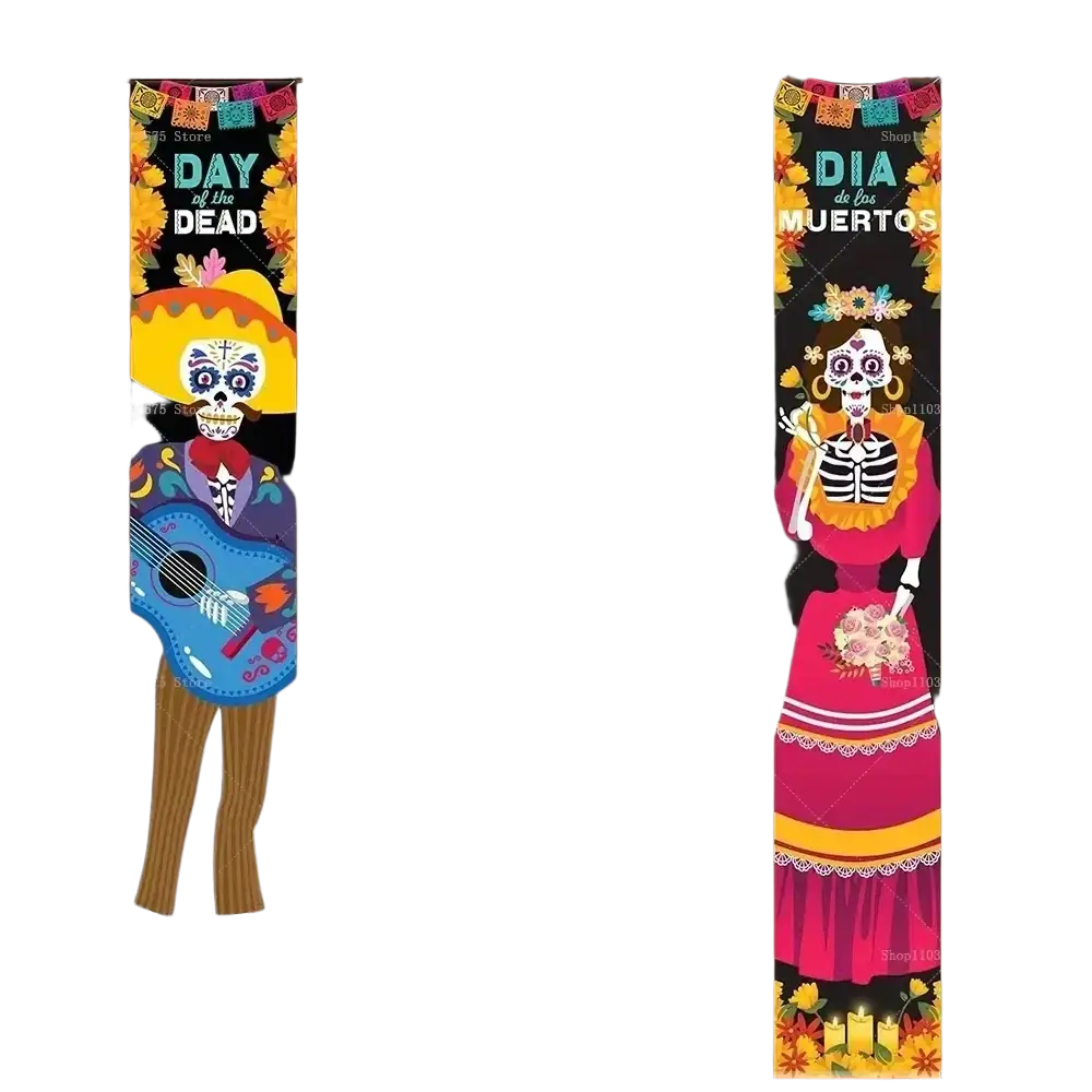 Vibrant day of the dead porch banner featuring colorful sugar skulls in traditional attire for dead porch decor