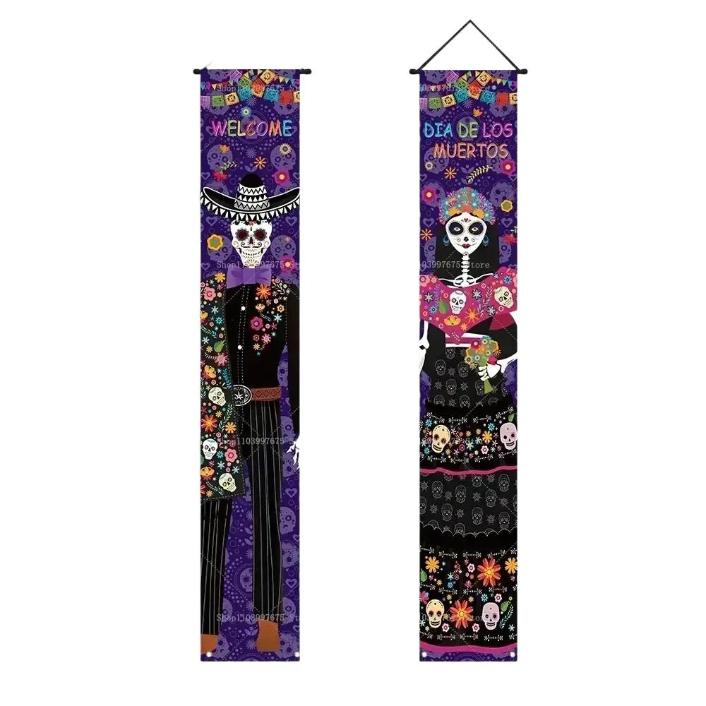 Vibrant purple and black day of the dead porch banner featuring skeletons in traditional attire with floral patterns