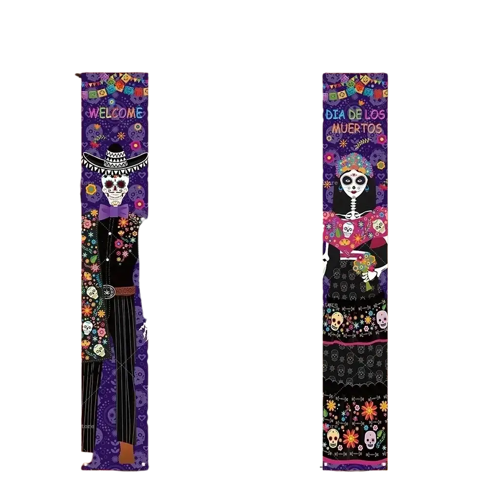 Vibrant purple and black day of the dead porch banner featuring skeletons in traditional attire with floral patterns