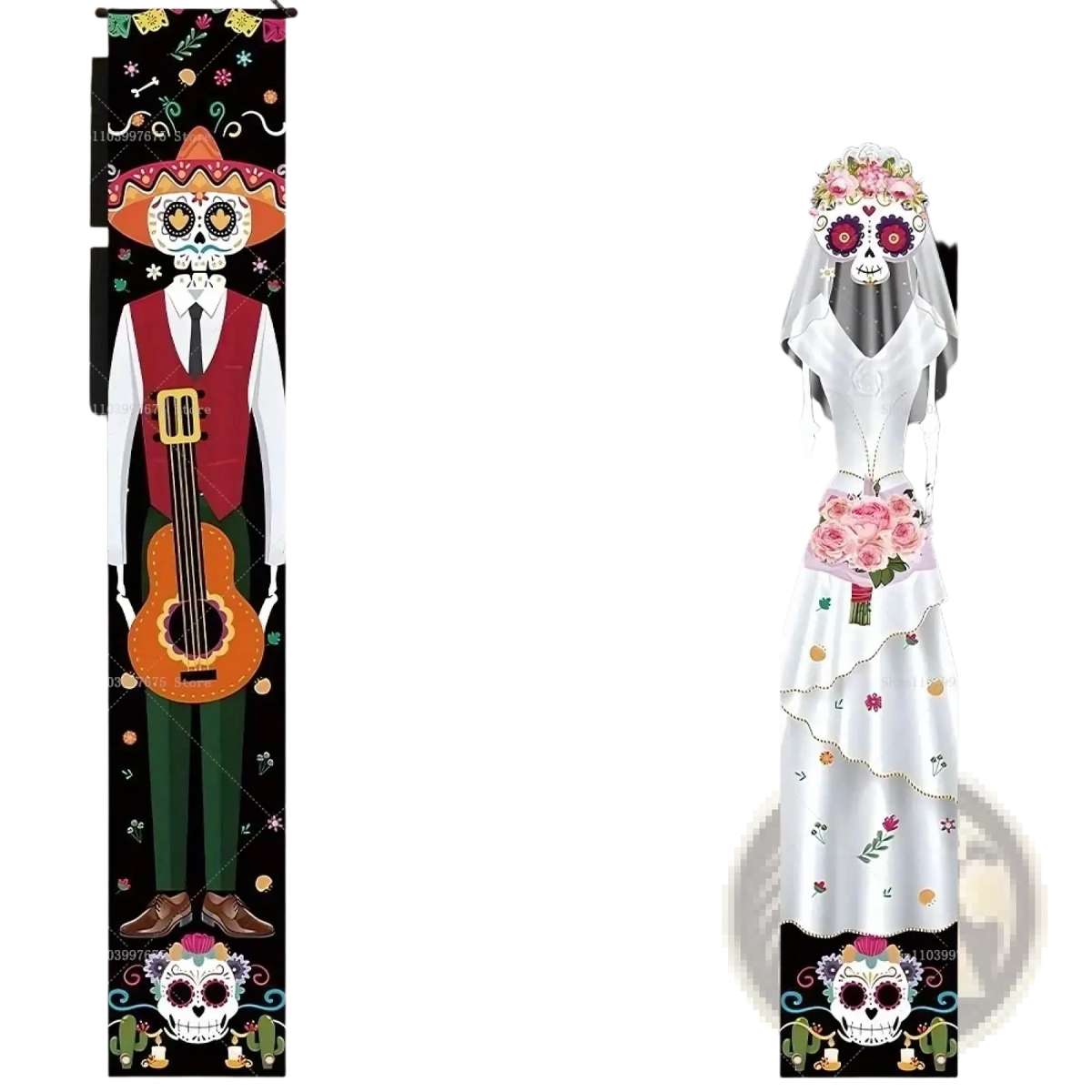 Day of the dead porch banner featuring vibrant papel picado with sugar skulls floral and candy cane motifs in orange purple white and black