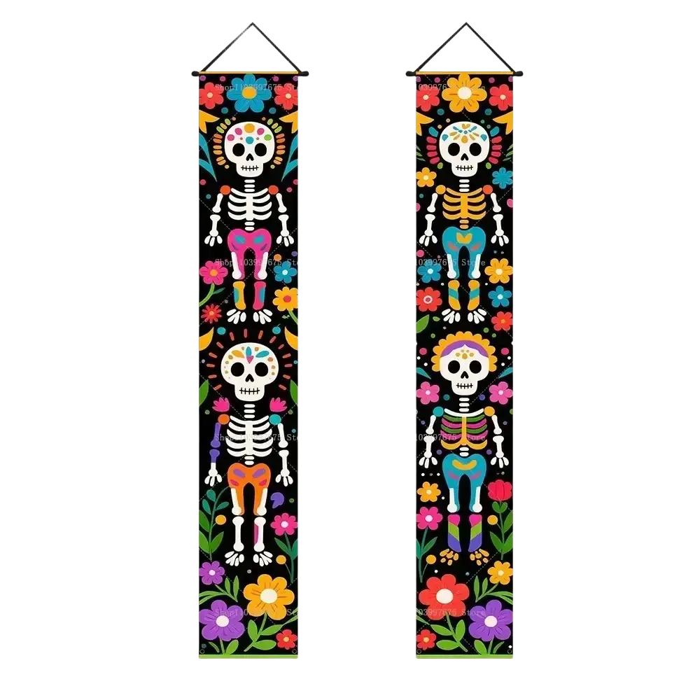 Vibrant day of the dead porch banner with colorful sugar skulls and floral patterns for festive dead porch decor