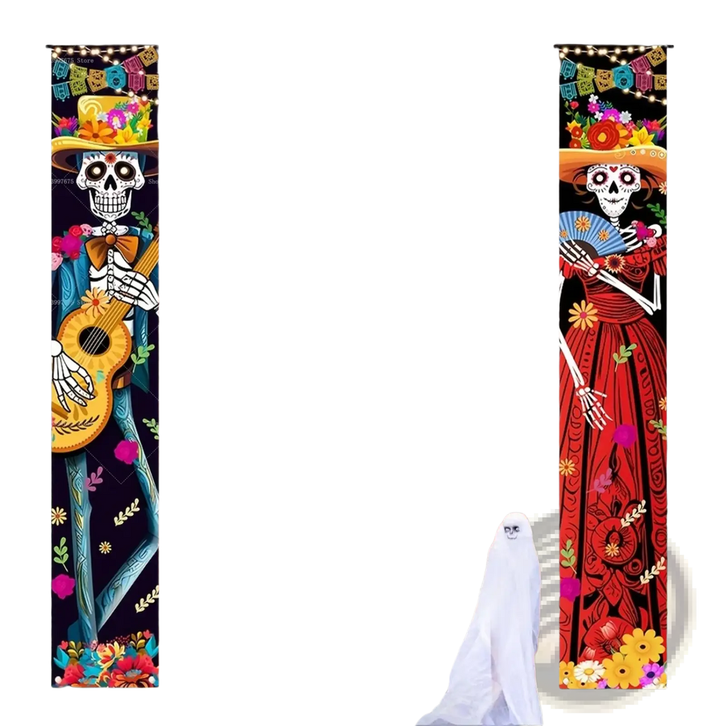 Day of the dead porch banner halloween decor featuring vibrant vertical banners with colorful skeletons in traditional attire