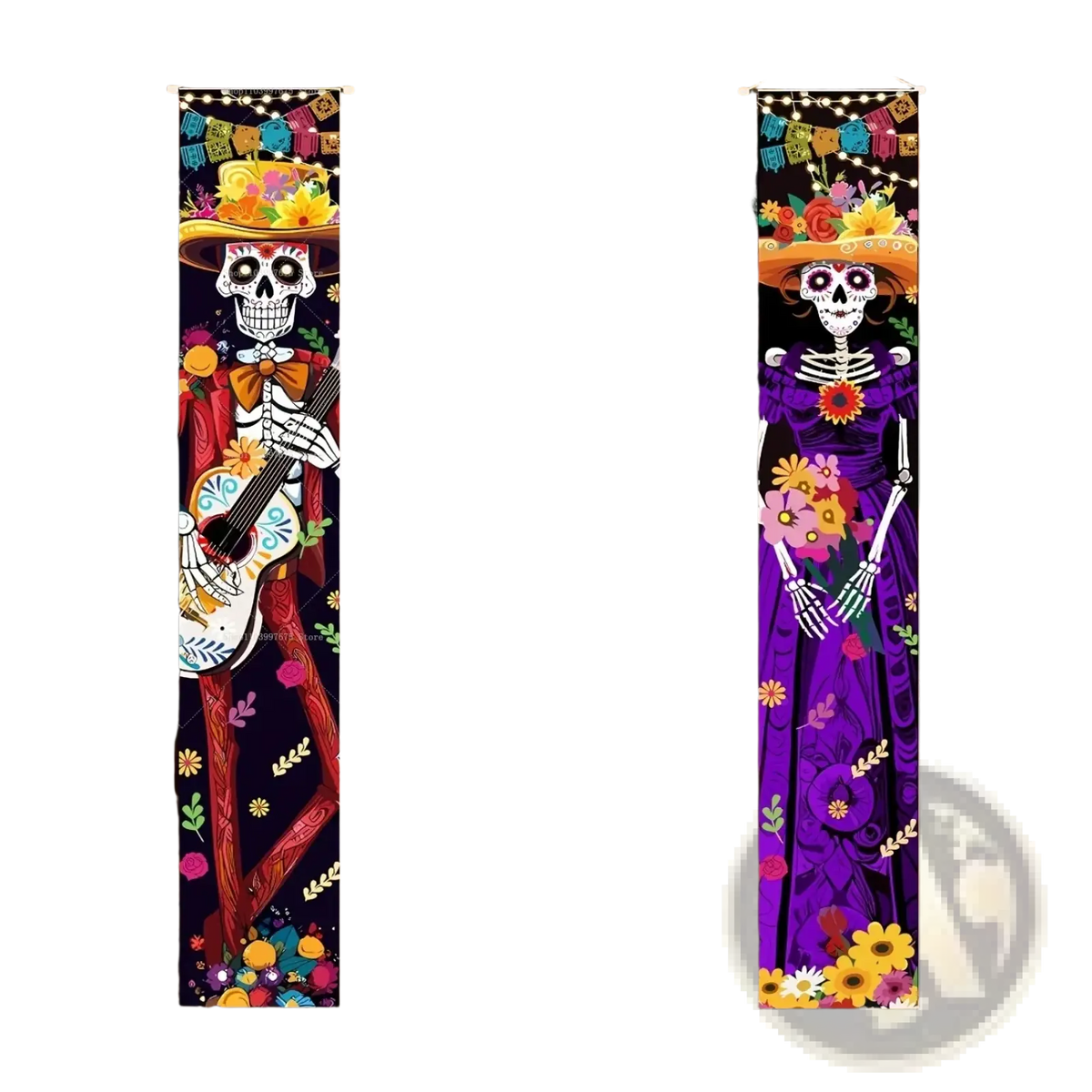 Day of the dead porch banner with vibrant sugar skulls and colorful floral patterns for halloween decor