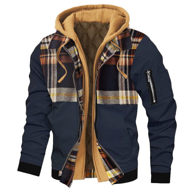 Plus size fleece lined hooded bomber jacket in navy blue with plaid pattern and tan fleece lining for warmth and style.