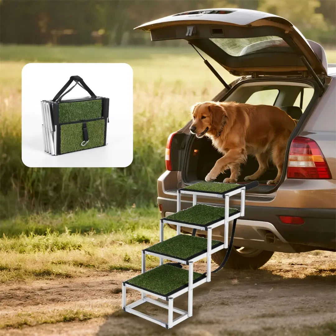 Foldable dog ramp with four green artificial grass steps and silver metal frames shown folded in a compact carrying case for cars and SUVs with 250lb capacity.