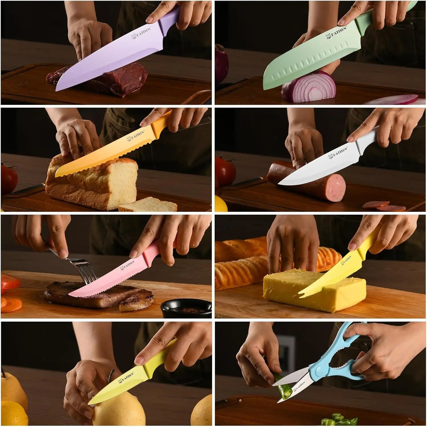 A 30 piece colorful knife set featuring stainless steel blades and vibrant handles in purple, green, yellow, pink, and blue, accompanied by a cutting board.