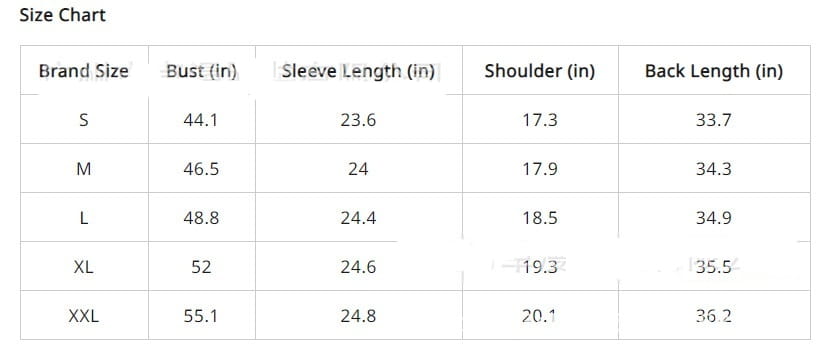 Tableau des tailles pour manteau d’hiver matelassé en coton avec capuche pour femmes, indiquant les mesures en pouces selon les tailles S à XXL.