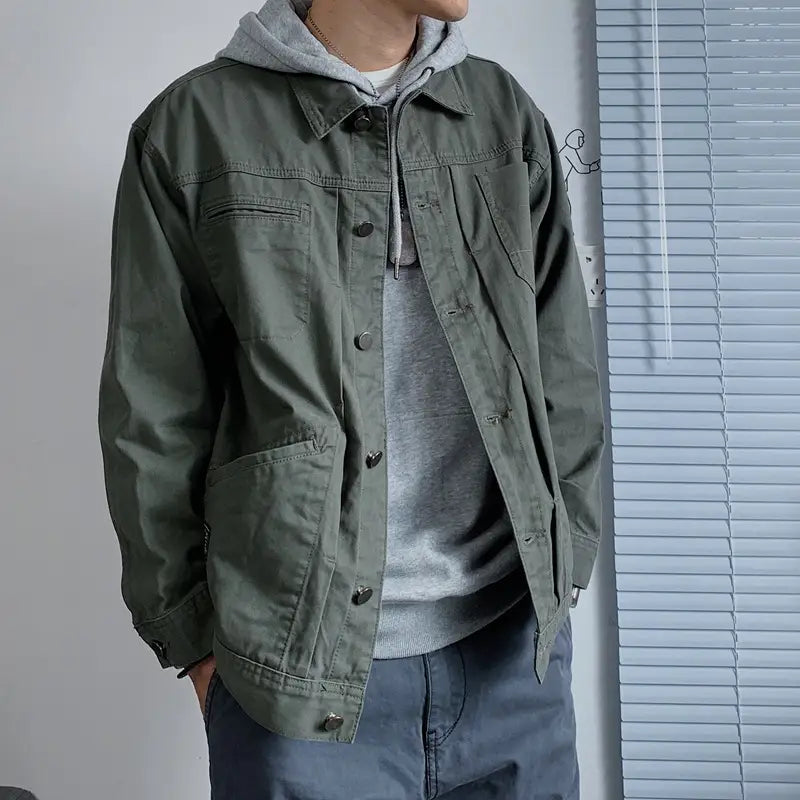 Mens black denim jacket casual retro utility outerwear featuring an olive green utility jacket with button closures and multiple pockets.